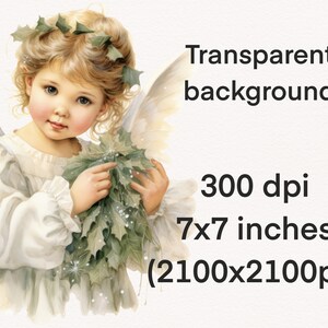 Puede incluir: Ilustraci&oacute;n en acuarela de un &aacute;ngel querub&iacute;n con cabello rubio rizado, vestido con un vestido blanco y sosteniendo una ramita de hojas verdes. La imagen tiene el texto "Transparent background", "300 dpi", "7x7 inches (2100x2100px)".