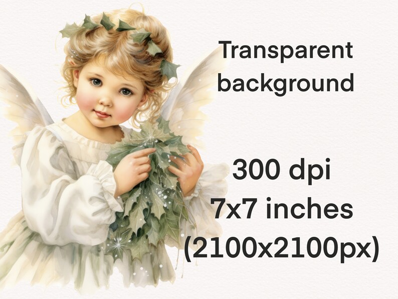 Puede incluir: Ilustraci&oacute;n en acuarela de un &aacute;ngel querub&iacute;n con cabello rubio rizado, vestido con un vestido blanco y sosteniendo una ramita de hojas verdes. La imagen tiene el texto "Transparent background", "300 dpi", "7x7 inches (2100x2100px)".