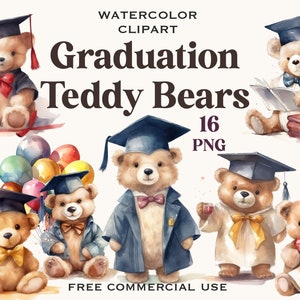 Teddy bear graduation clipart, School kids watercolor images bundle with free commercial use, for design, templates, greeting cards etc.
