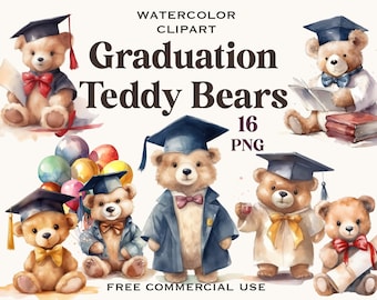Teddy bear graduation clipart, School kids watercolor images bundle with free commercial use, for design, templates, greeting cards etc.