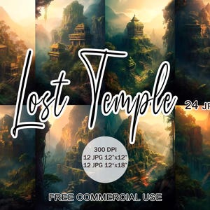 Jungletempel clipart, verloren oude ruïnes clipart, regenwoud digitaal papierpakket, tropisch landschap jpeg voor plakboek, gratis commercieel gebruik