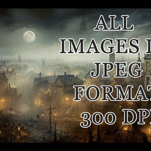 K&ouml;nnte beinhalten: Eine digitale Illustration einer nebligen mittelalterlichen Stadt bei Nacht mit einem Vollmond am Himmel. Der Text "ALL IMAGES IN JPEG FORMAT 300 DPI" ist &uuml;ber das Bild gelegt.