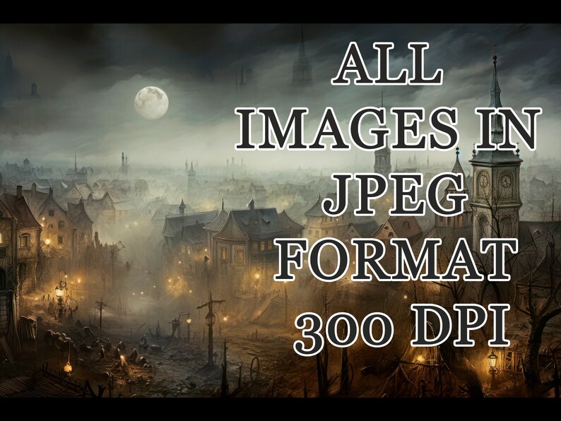 K&ouml;nnte beinhalten: Eine digitale Illustration einer nebligen mittelalterlichen Stadt bei Nacht mit einem Vollmond am Himmel. Der Text "ALL IMAGES IN JPEG FORMAT 300 DPI" ist &uuml;ber das Bild gelegt.