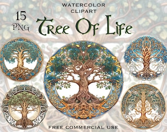 Tree of life clipart, Celtic tree ornaments png images, Fantasy nature artwork, Round folk illustration art bundle, Free commercial use