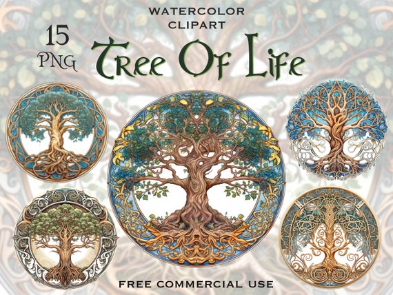 Tree of life clipart, Celtic tree ornaments png images, Fantasy nature artwork, Round folk illustration art bundle, Free commercial use