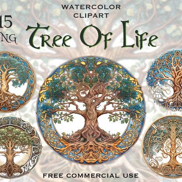 Tree of life clipart, Celtic tree ornaments png images, Fantasy nature artwork, Round folk illustration art bundle, Free commercial use