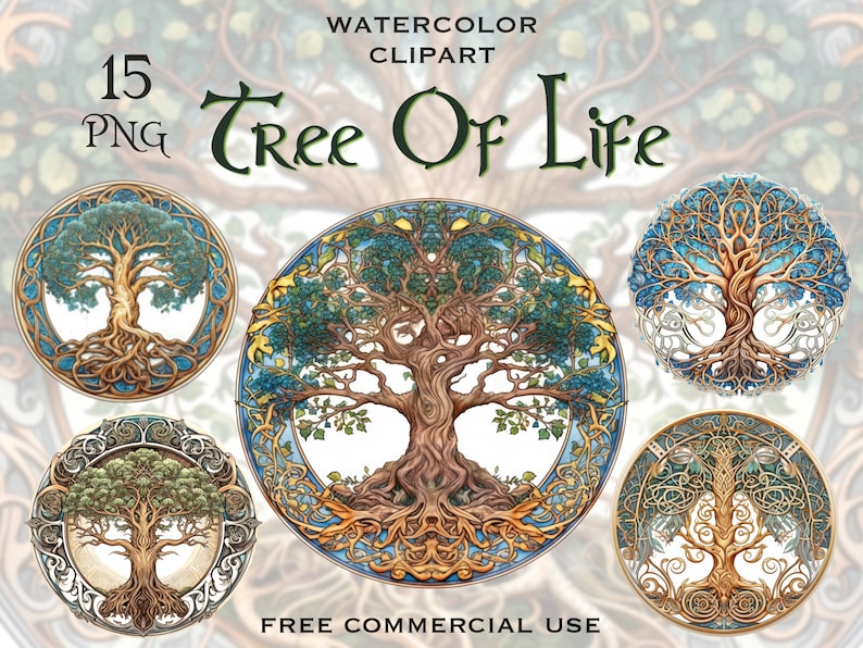 Puede incluir: 15 im&aacute;genes de clipart de acuarela de un &aacute;rbol de la vida. Cada imagen presenta un &aacute;rbol estilizado con ra&iacute;ces y ramas intrincadas, rodeado de un marco circular. Los &aacute;rboles se representan en varios tonos de verde, azul y dorado.