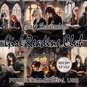 Donker academia meisje dat club clipart leest, donkere esthetische boekenworm clipart, gotische boekenhoek clipart, lezing clipart, gratis commercieel gebruik