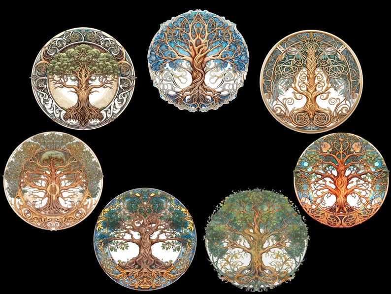 Puede incluir: Ocho dise&ntilde;os circulares con motivos estilizados del &aacute;rbol de la vida en varios colores y patrones. Los &aacute;rboles se representan con ramas, ra&iacute;ces y hojas intrincadas, rodeados de bordes decorativos.