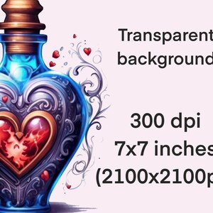 May include: A blue glass bottle shaped like a heart with intricate gold detailing. The bottle contains a red heart-shaped liquid and is surrounded by small red hearts. The background is transparent.