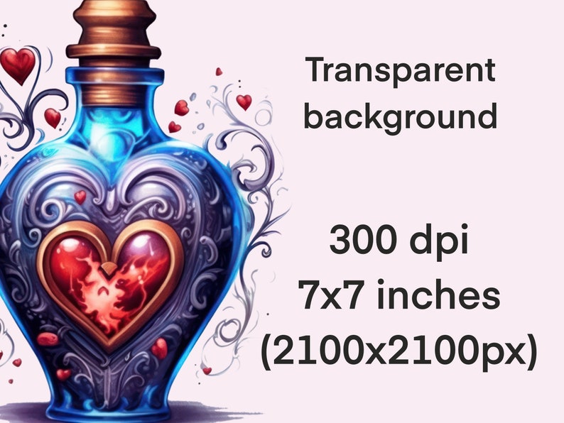 May include: A blue glass bottle shaped like a heart with intricate gold detailing. The bottle contains a red heart-shaped liquid and is surrounded by small red hearts. The background is transparent.