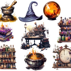 May include: A collection of witchy items including a cauldron with flames, a witch's hat, a crystal ball, a mortar and pestle, a book of spells, a shelf of potion bottles, and a clock with a skull.