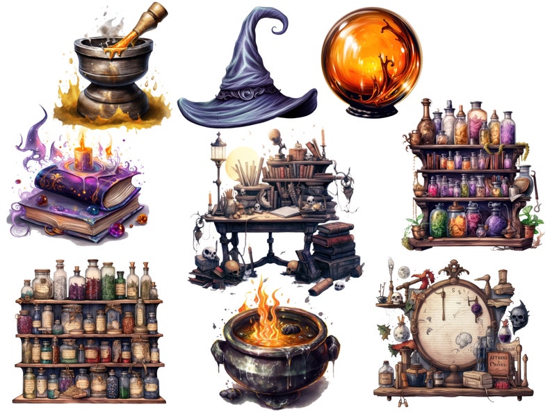 May include: A collection of witchy items including a cauldron with flames, a witch's hat, a crystal ball, a mortar and pestle, a book of spells, a shelf of potion bottles, and a clock with a skull.