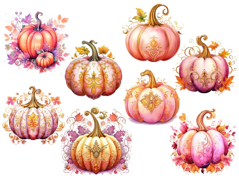 Pink and Gold Pumpkin Clipart, Watercolor Fall Png Images Bundle ...