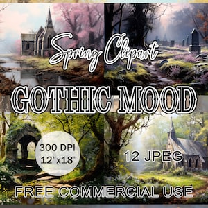 Gothic mood clipart, Spring Flower forest landscape images, Gothic aesthetic art bundle, Woodland gothic architecture, Free commercial use