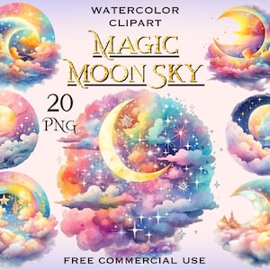 Regenbogen Magie Mond Himmel Clipart, bunte himmlische Fantasie png Bilder, Halbmond Wolke Nachthimmel Kunst Bündel, freie kommerzielle Nutzung