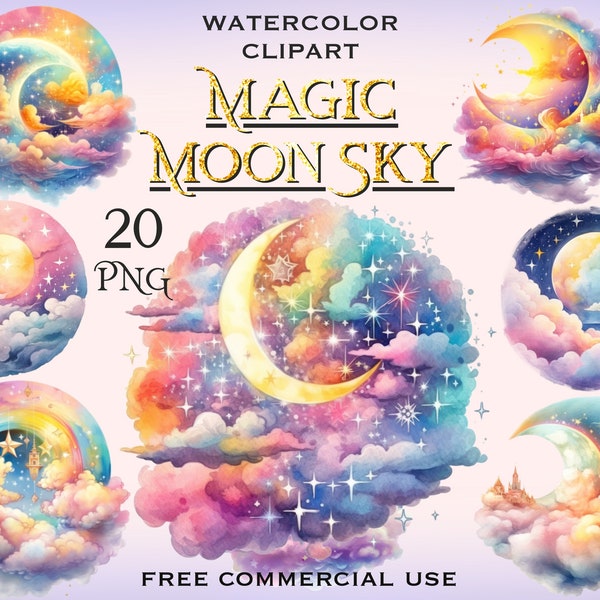 Rainbow magic moon sky clipart, Colorful Celestial Fantasy png images, Crescent moon cloud night sky art bundle, Free commercial use