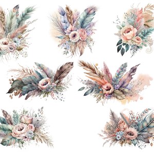 May include: Watercolor illustrations of six bouquets of flowers, feathers, and dried grasses. The bouquets are in shades of pink, brown, and blue. The bouquets are arranged in a horizontal row.