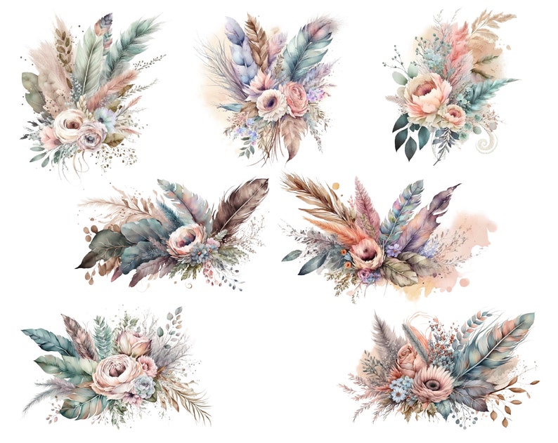 May include: Watercolor illustrations of six bouquets of flowers, feathers, and dried grasses. The bouquets are in shades of pink, brown, and blue. The bouquets are arranged in a horizontal row.