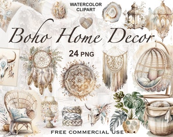 Boho home decor clipart, Watercolor trendy home decor png images: dreamcatchers, macrame, armchair, lantern and more, Free commercial use