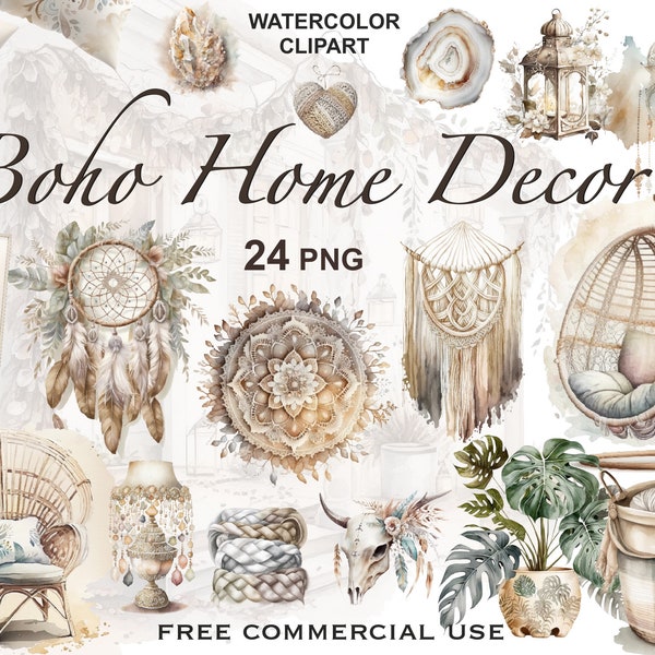 Boho home decor clipart, Watercolor trendy home decor png images: dreamcatchers, macrame, armchair, lantern and more, Free commercial use
