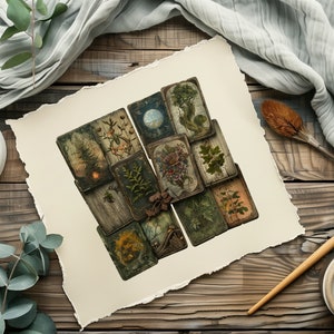 May include: A collection of 12 vintage botanical illustrations printed on cards, featuring various plants and flowers. The cards are arranged in a grid pattern on a cream-colored background.