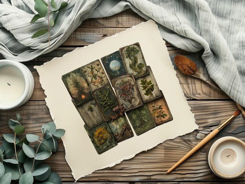 May include: A collection of 12 vintage botanical illustrations printed on cards, featuring various plants and flowers. The cards are arranged in a grid pattern on a cream-colored background.
