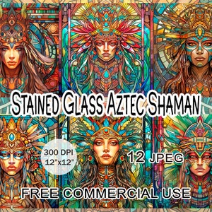 Gebrandschilderd glas Azteekse sjamaan clipart, inheemse vrouw graphics artwork bundel, art nouveau vrouwelijk portret afdrukbare afbeeldingen, gratis commercieel gebruik