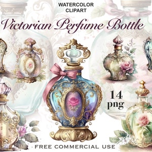 May include: A set of 14 watercolor illustrations of Victorian perfume bottles. The bottles are ornate and detailed, with gold accents and floral designs. The bottles are all different shapes and sizes, and some have stoppers. The illustrations are perfect for use in digital scrapbooking, card making, and other creative projects.