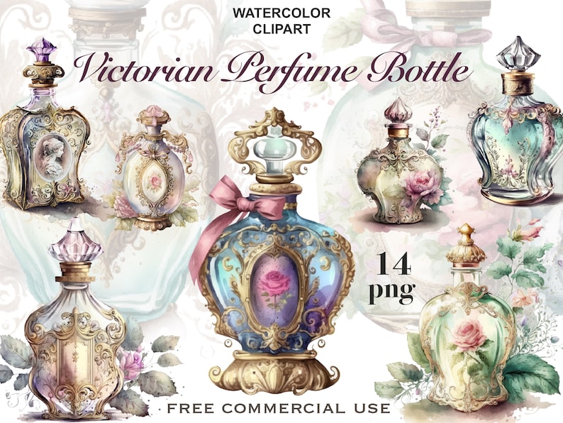 May include: A set of 14 watercolor illustrations of Victorian perfume bottles. The bottles are ornate and detailed, with gold accents and floral designs. The bottles are all different shapes and sizes, and some have stoppers. The illustrations are perfect for use in digital scrapbooking, card making, and other creative projects.