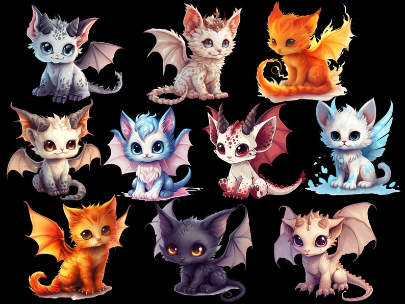 Cute Dragon Cat PNG Bundle, Baby dragon clipart, Cute kitten clipart, Fantasy baby animals png, Fairy cat art, Cute little dragon images image 3