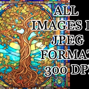 Op de afbeelding: Een glas-in-loodraam met een boom met wortels en takken, omringd door een blauwe en gele lucht. De tekst "ALL IMAGES IN JPEG FORMAT 300 DPI" is zichtbaar in de afbeelding.