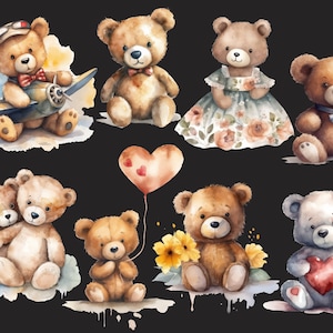 May include: A collection of nine watercolor teddy bears in various poses. Some bears are wearing accessories like hats, bow ties, and dresses. One bear is holding a red heart-shaped balloon. The bears are all against a black background.