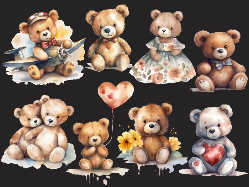May include: A collection of nine watercolor teddy bears in various poses. Some bears are wearing accessories like hats, bow ties, and dresses. One bear is holding a red heart-shaped balloon. The bears are all against a black background.