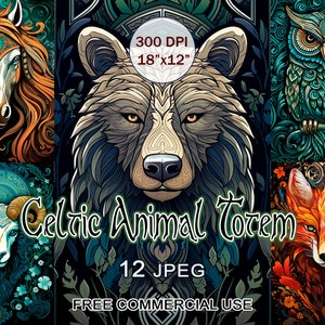 Paquete de arte animal con tótem celta, imágenes prediseñadas paganas de animales salvajes, arte celta digital con patrones wiccanos, arte místico del equinoccio de primavera de animales del bosque