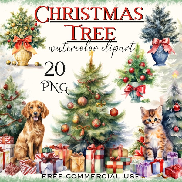 Christmas tree clipart, Christmas gifts digital art, Holiday spruce images bundle, Winter funny pet portrait artwork, Free commercial use