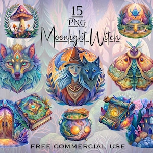 Mondlicht Hexe PNG Bundle, Mystische Nacht Hexe Clipart, Himmlische Wicca Clipart, natürliche Magie Fantasy Kunst, digitale Downloads