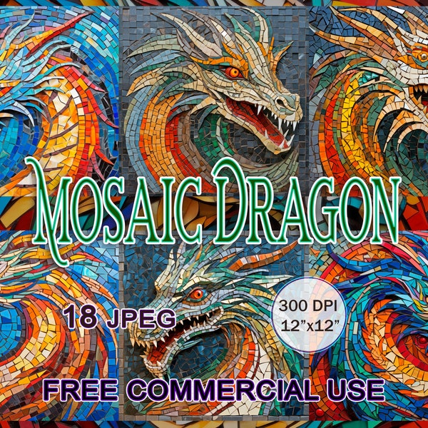 Clipart dragon mosaïque, art de carreaux de mosaïque Fatasy, art de la mosaïque numérique de conte de fées, images imprimables de dragon, animal fantastique, usage commercial gratuit