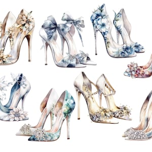 May include: A collection of nine high-heeled shoes with various floral and jeweled embellishments. The shoes are painted in watercolor style and feature a variety of colors, including blue, white, gold, and pink.