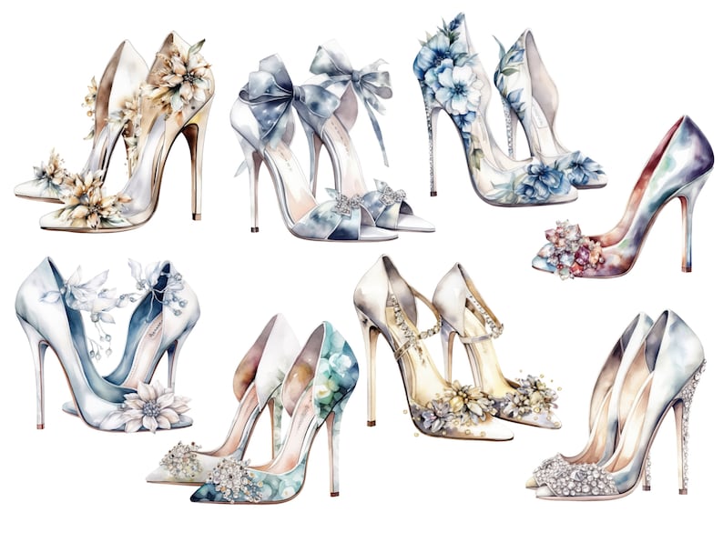 May include: A collection of nine high-heeled shoes with various floral and jeweled embellishments. The shoes are painted in watercolor style and feature a variety of colors, including blue, white, gold, and pink.