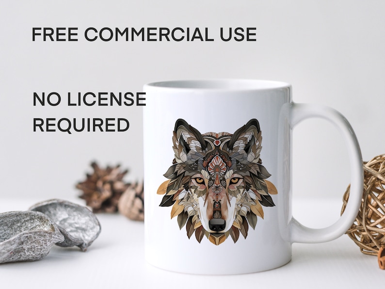 May include: White ceramic mug with a colorful wolf illustration. The wolf's fur is made up of intricate patterns of leaves, feathers, and geometric shapes. The mug has a black handle and the text "FREE COMMERCIAL USE NO LICENSE REQUIRED" is printed on the mug.