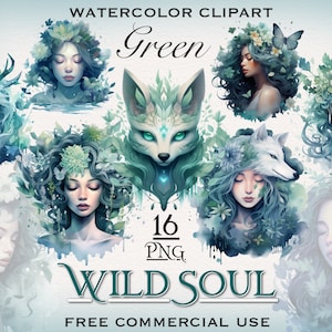 Wild Spirit PNG-bundel, groene aquarel clipart, bloemen vrouwelijk portret, Fox clipart, Born to be wild, Free Spirit png, Mystic fairy clipart