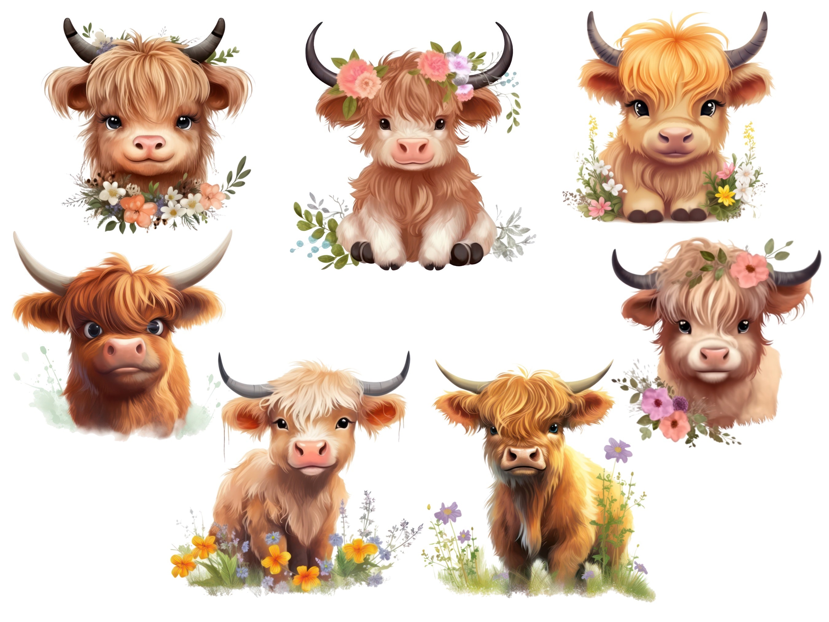 Highland Baby Cow Clipart, Cute Little Animal Png Bundle for Design ...
