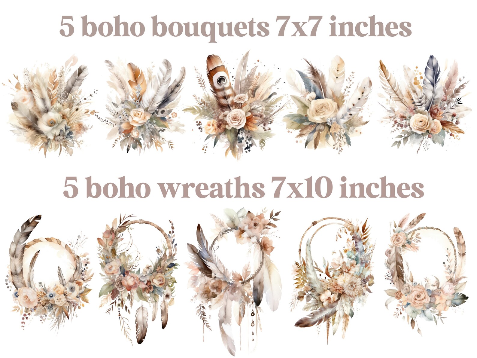 Neutral Boho Flower Wreath Clipart, Wedding Bouquet With Feathers Png ...