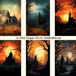 May include: Six digital illustrations of a spooky church in a graveyard with a full moon in the sky. The illustrations are in a dark, moody style with a variety of colours, including orange, red, and black.