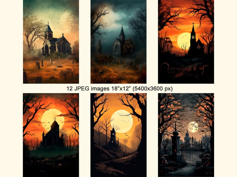 May include: Six digital illustrations of a spooky church in a graveyard with a full moon in the sky. The illustrations are in a dark, moody style with a variety of colours, including orange, red, and black.