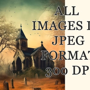 May include: A spooky, vintage illustration of a church in a graveyard with a full moon in the background. The church is made of stone and has a tall steeple. The graveyard is filled with tombstones and trees. The image is in a dark, moody style.