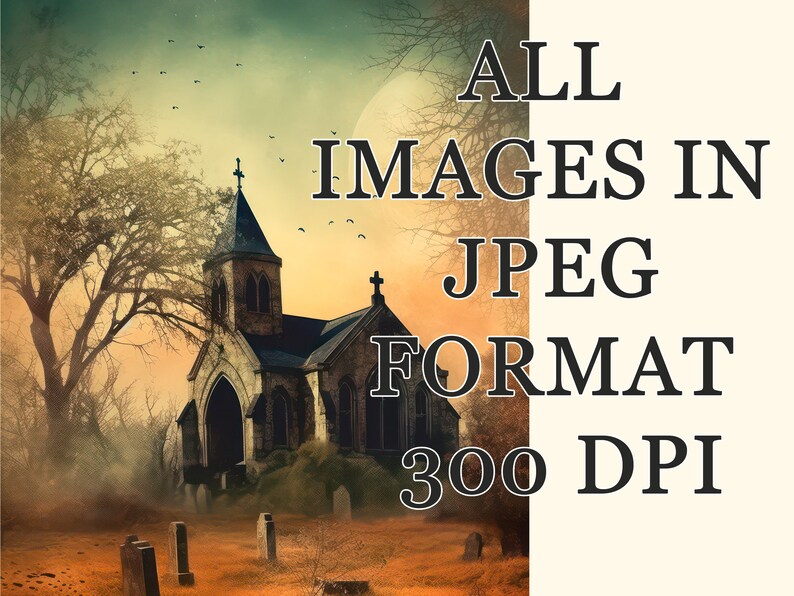 May include: A spooky, vintage illustration of a church in a graveyard with a full moon in the background. The church is made of stone and has a tall steeple. The graveyard is filled with tombstones and trees. The image is in a dark, moody style.