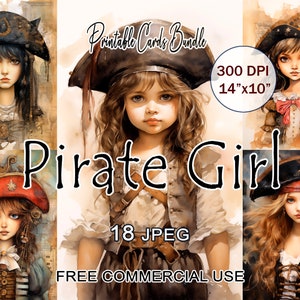 Pacchetto di carte Pirate Girl, Clipart di bambine, Sogno di avventure da pirati per bambine, Materiale effimero vintage stampabile, Diario di spazzatura per ragazze, Arte femminile