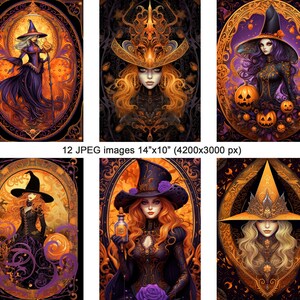 May include: A set of six digital illustrations featuring witches in ornate frames with Halloween themes. The witches are depicted with long flowing hair, elaborate hats, and dark clothing. The frames are decorated with pumpkins, leaves, and other Halloween motifs.